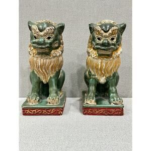Antique Chinese Foo Dogs Pair 9” Sancai Glazed Guardian Lions Qing Republic Era